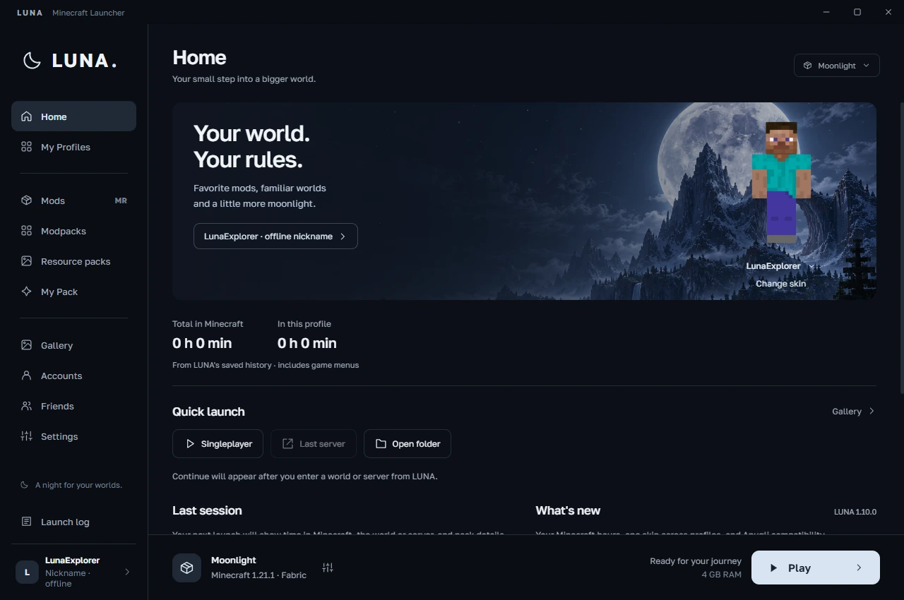 LUNA home screen in the Midnight theme